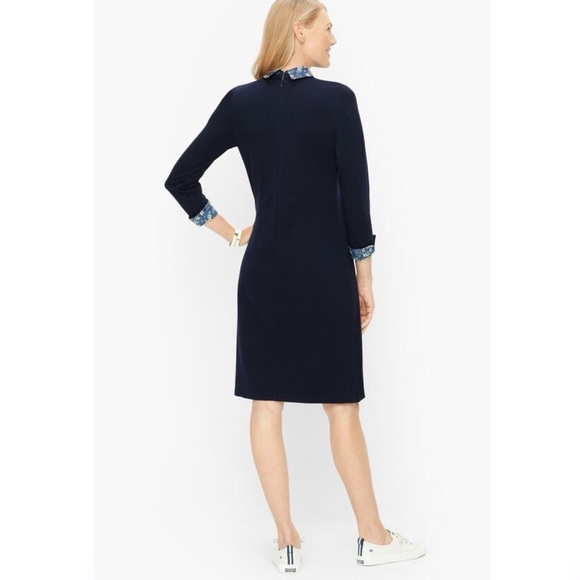 Talbots Navy Blue Cotton Knit Floral Collared Shift Dress - Picture 2 of 13